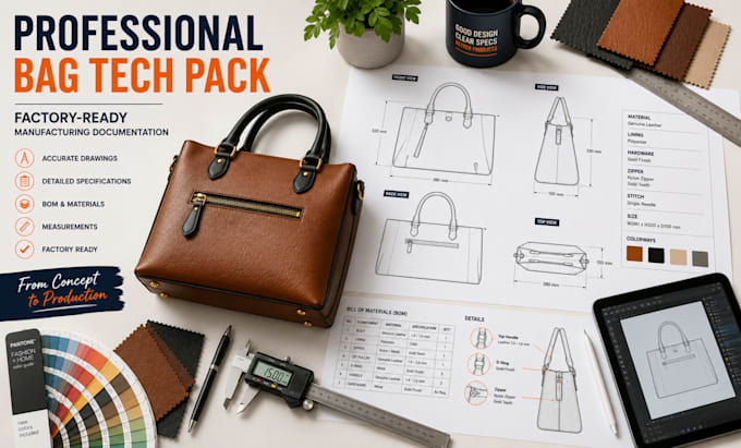 create factory ready bag tech pack for startups, brands