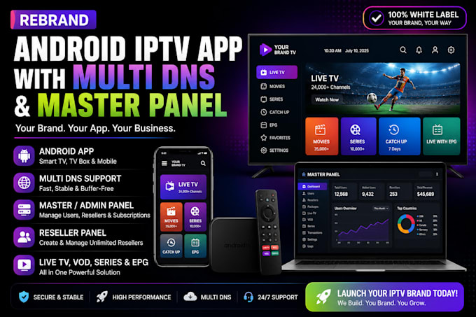 rebrand android iptv app with multi dns and master panel or admin panel manage