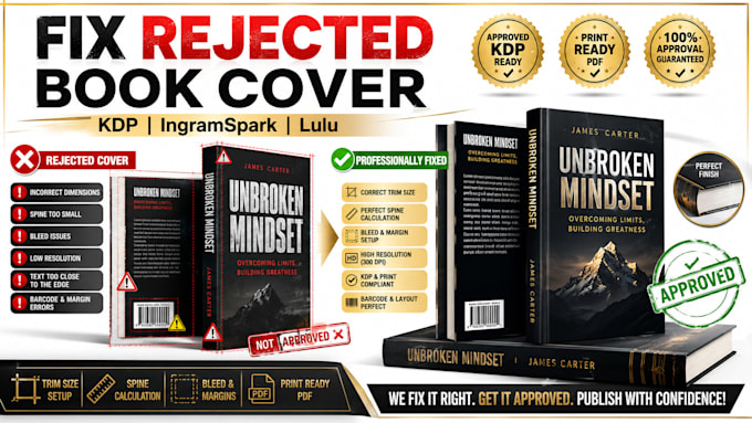 fix, edit, resize,modify, format rejected book cover for KDP, ingram spark, lulu