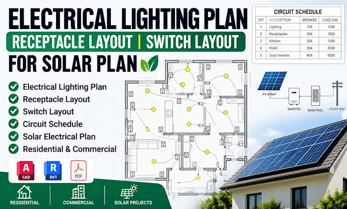 design electrical lighting plan, receptacle layout, switch layout for solar plan