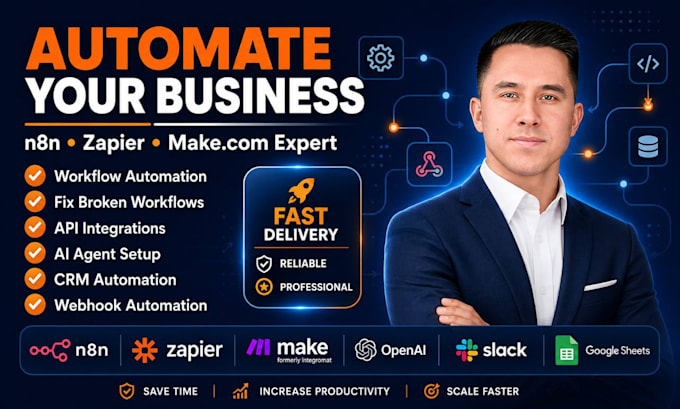 setup n8n, zapier, make com automation, fix broken workflows