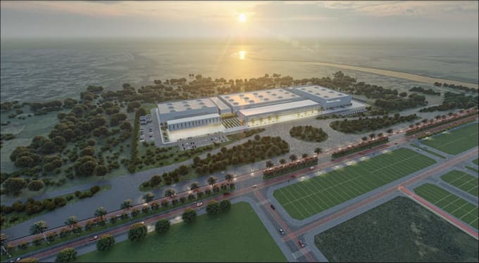 redesign 3d warehouse exterior, logistic center site layout render, internal cgi