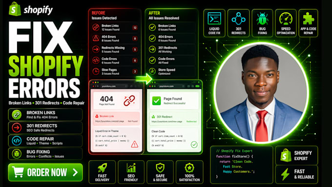 fix shopify bugs, broken links, 301 redirects, code repair and shopify errors