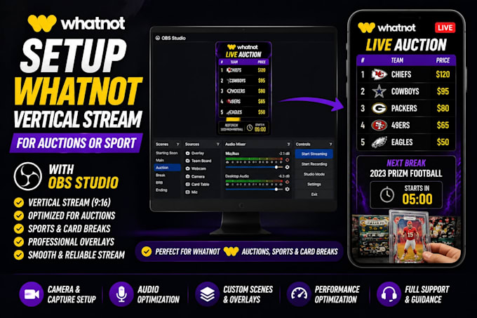 setup whatnot vertical stream for auctions or sport with obs