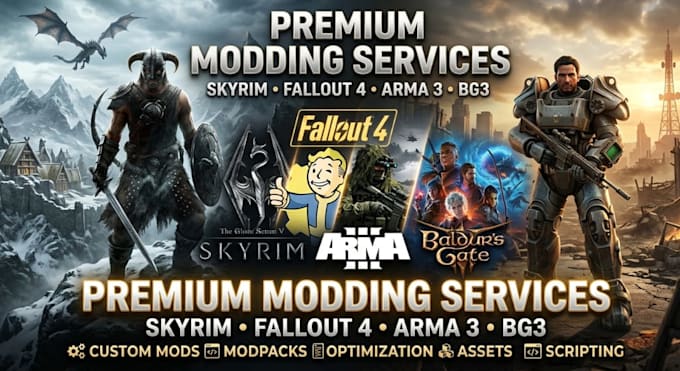create custom skyrim, fallout 4, arma 3 and bg3 mods