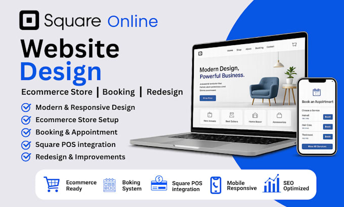 design square online website, ecommerce store, booking website, redesign