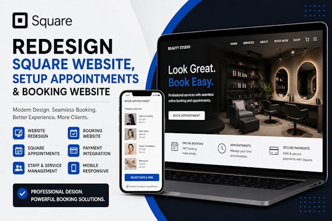 redesign square website, setup square appointments and square booking website