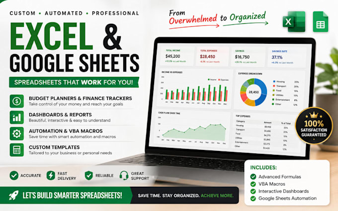 create custom excel spreadsheet, google sheets, budget planner and dashboard