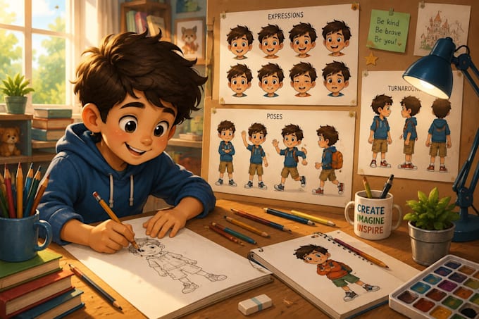 design children book characters with expression and pose sheet