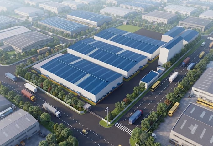 reshaped industrial building, warehouse facility layout, factory, pallet, render