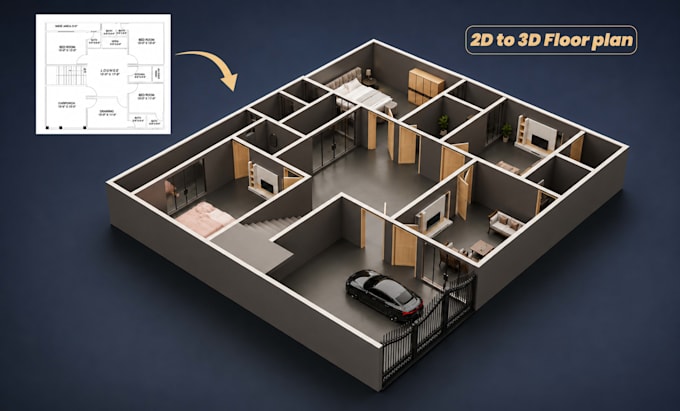 create 3d floor plan, 2d to 3d floor plan rendering