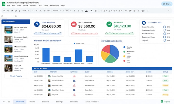 clean, format, organize airbnb bookkeeping data entry excel spreadsheet tracker