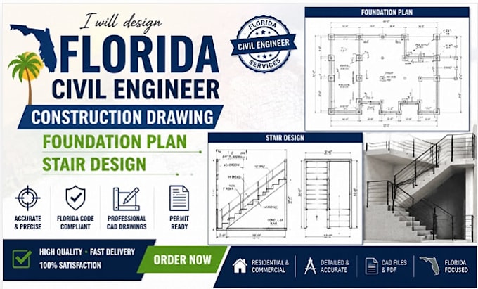 design florida civil engineer construction drawing, foundation plan stair design