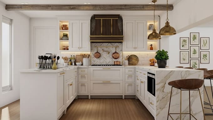 create a functional kitchen with 3d render and floor plan