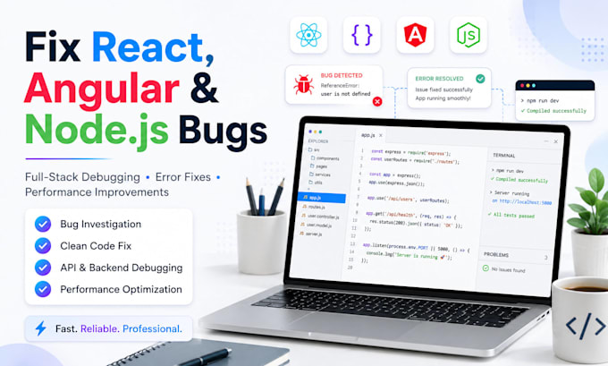fix nodejs react and angular bugs professionally
