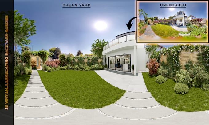 do 360 virtual renovation for backyard and landscape panorama