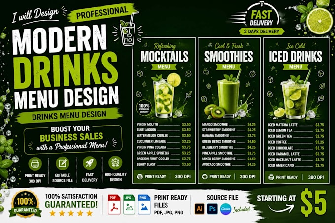 design a professional drinks menu or restaurant menu