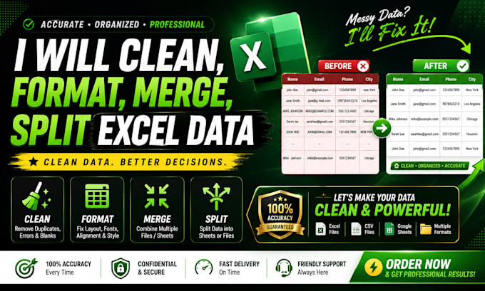 clean, format, merge, split excel data