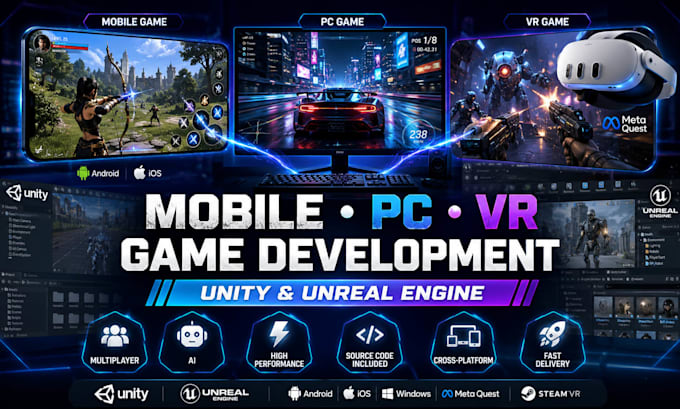 develop mobile, PC, VR, and xr games using unity and unreal engine