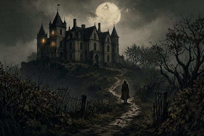 make a horror illustration, artwork, dark cover