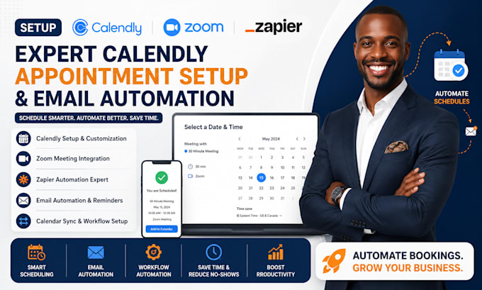 setup calendly, zoom, zapier expert calendly appointment setup email automation