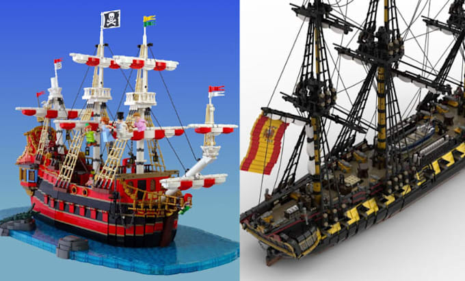 design custom lego ship moc model with studio file XML partlist and instructions