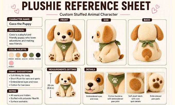 make a custom design plushie toys reference sheet and stuffed animal characters