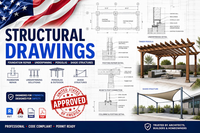 create structural drawings for foundation repair, underpinning, pergola