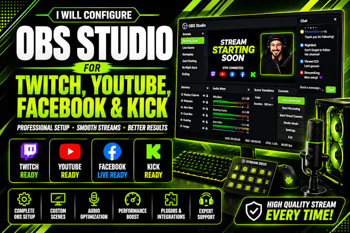 configure obs studio for twitch, youtube, facebook, and kick