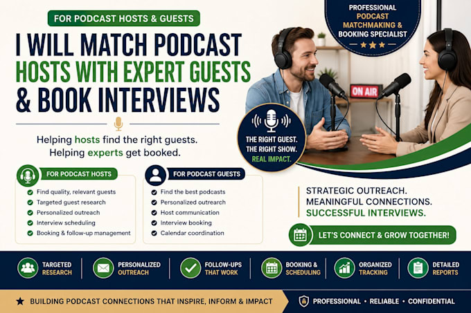 match podcast hosts with expert guests and book interviews