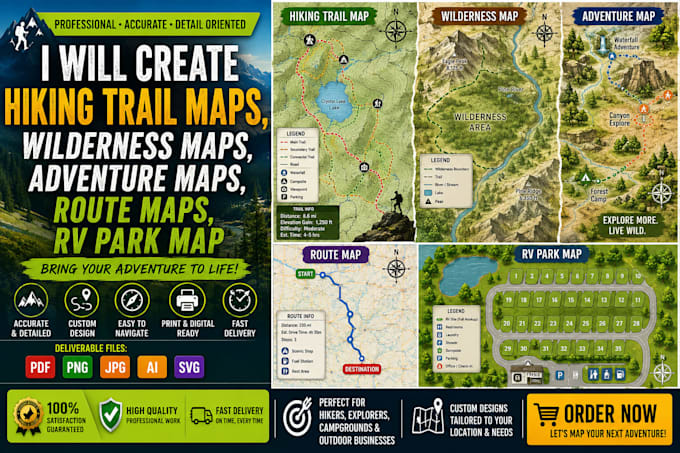 hiking trail maps, wilderness maps, adventure maps, route maps, rv park map