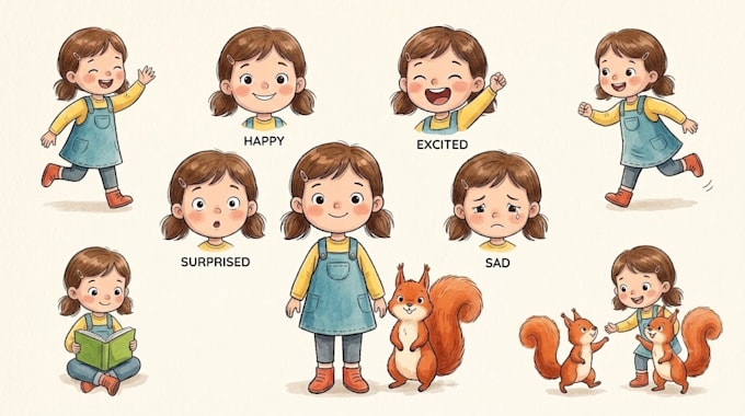 design adorable childrens book characters with consistent poses