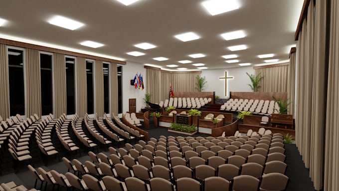 design church interior design with realistic 3d rendering and floor plan