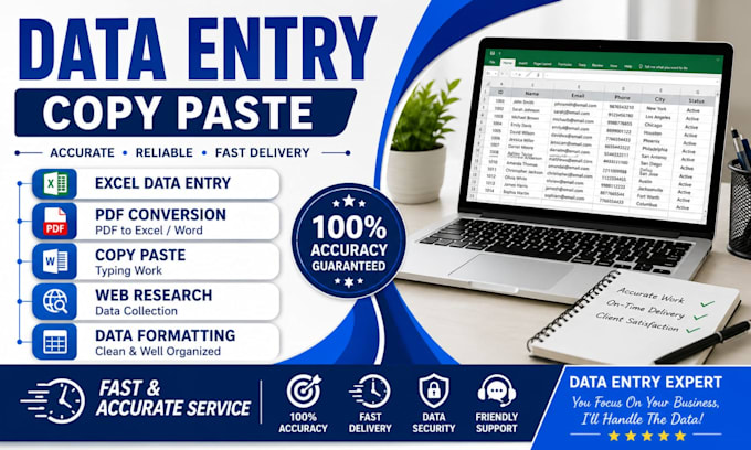 do accurate data entry, copy paste, excel and web research