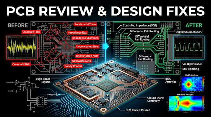 review pcb, fix design errors and improve signal integrity