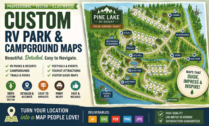 design custom rv park maps, campground maps, vector maps, and illustrated maps