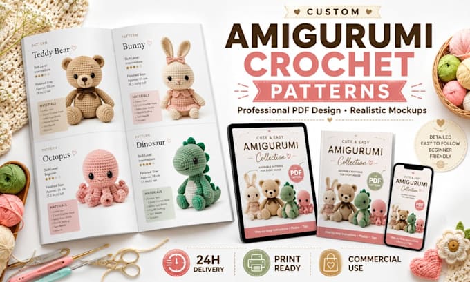 create custom amigurumi crochet patterns with PDF and realistic mockups