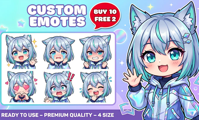design anime twitch emotes, chibi vtuber emotes and pro vtuber badges