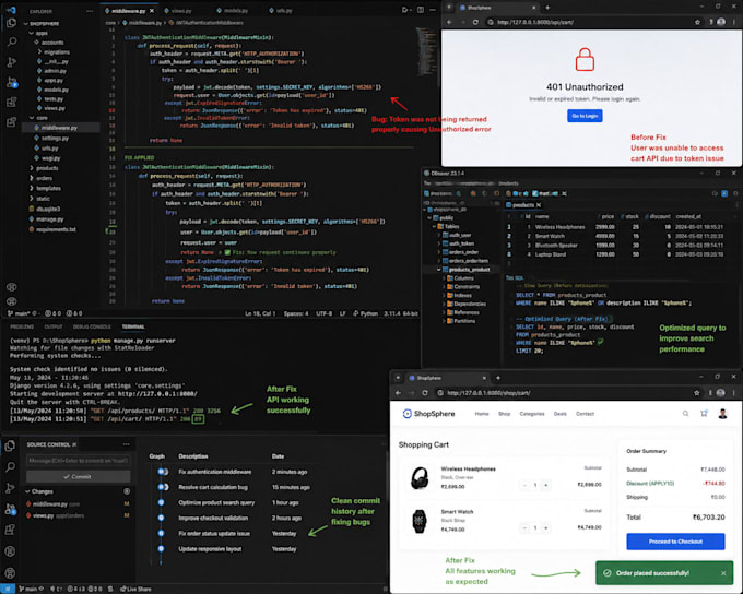 fix bugs and build features in python django and react apps