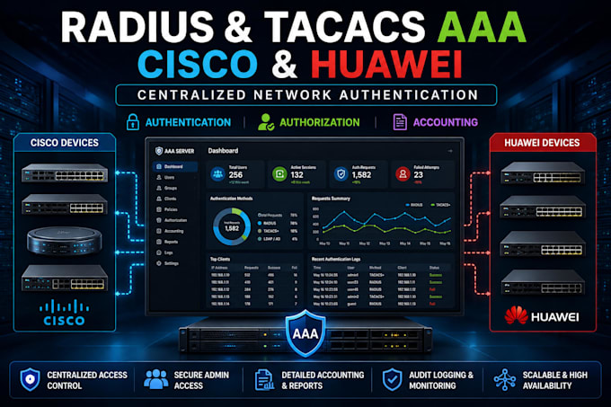 set up cisco huawei radius and tacacs aaa server