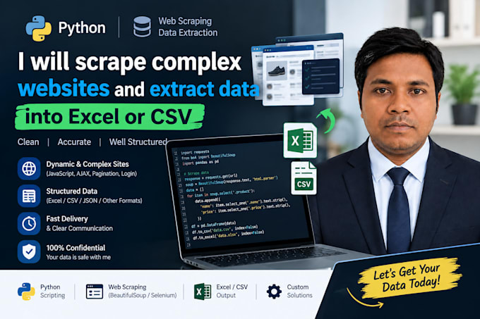 scrape complex websites and extract data into excel or CSV using python