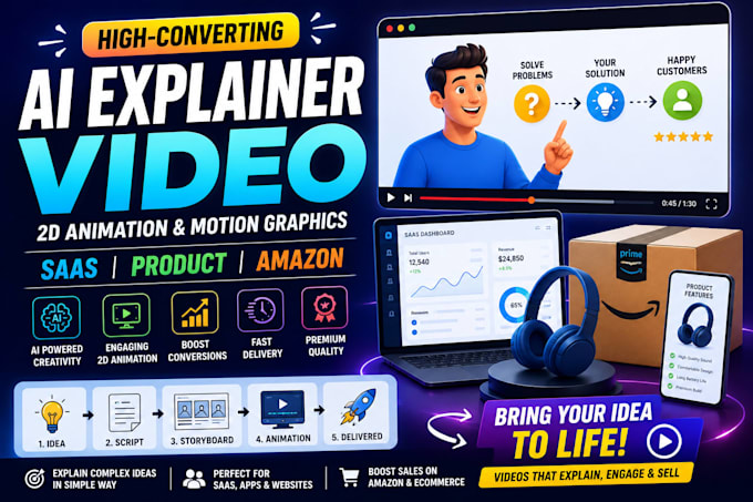 create ai explainer video, 2d product animation, motion graphics for saas amazon