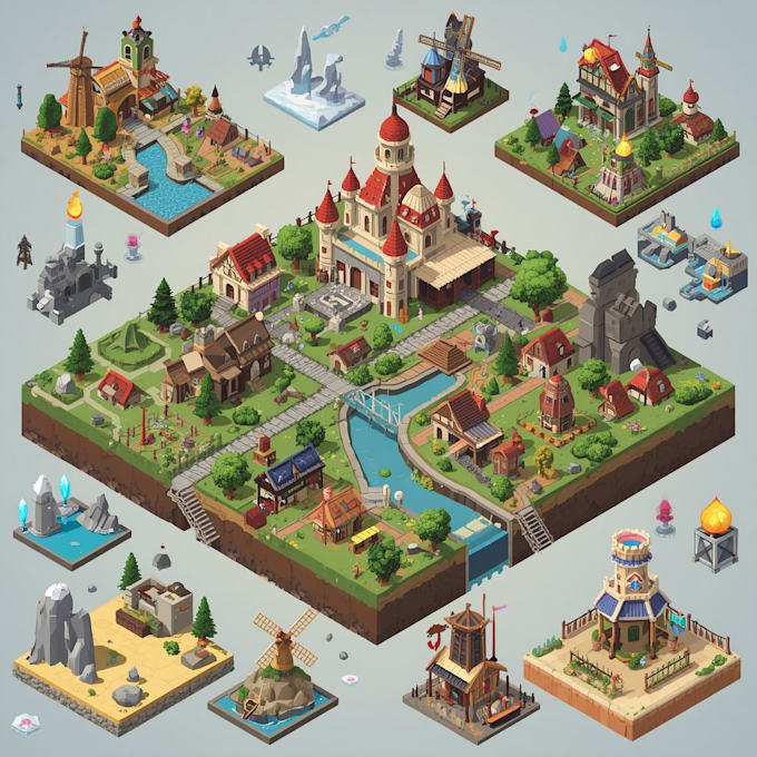 create isometric pixel art for game assets, sprites, props, icons and tilesets