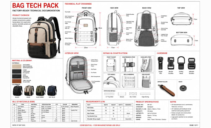create factory ready handbag and bag tech pack with technical drawing, bom, spec