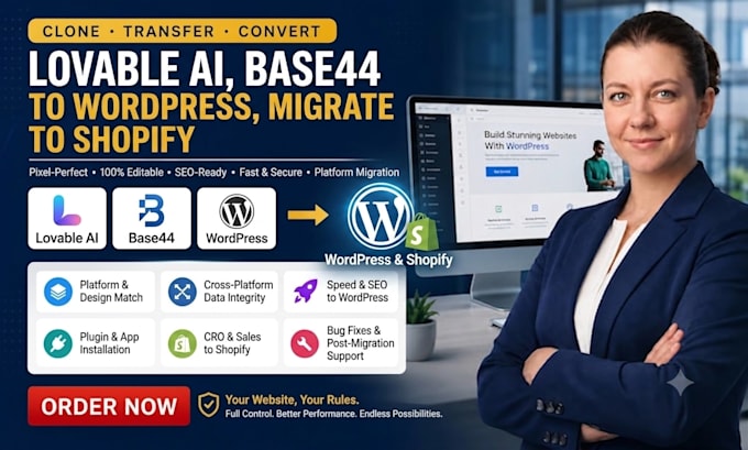 convert lovable ai website, base44 to wordpress, migrate lovable to shopify