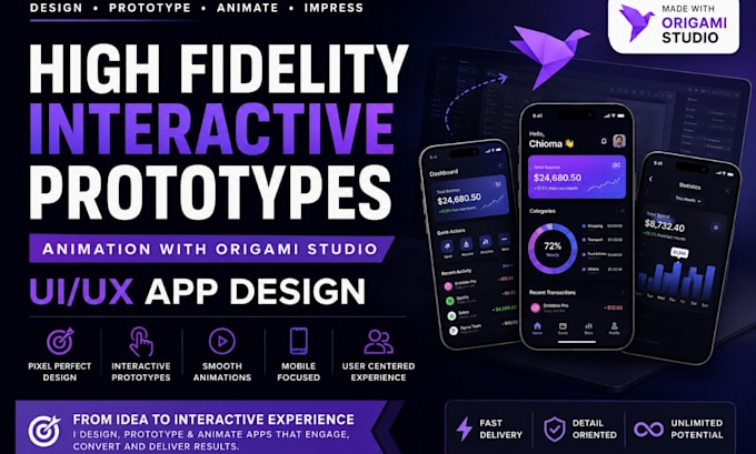 high fidelity interactive prototypes, animination with origami studio, UI,UX app