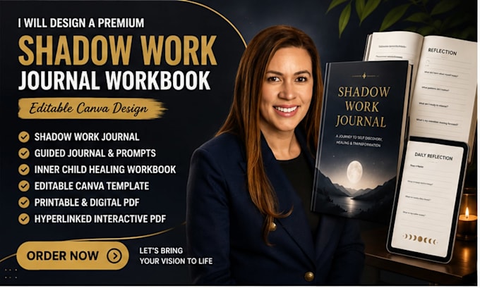 design a premium shadow work journal, self help workbook, editable canva planner
