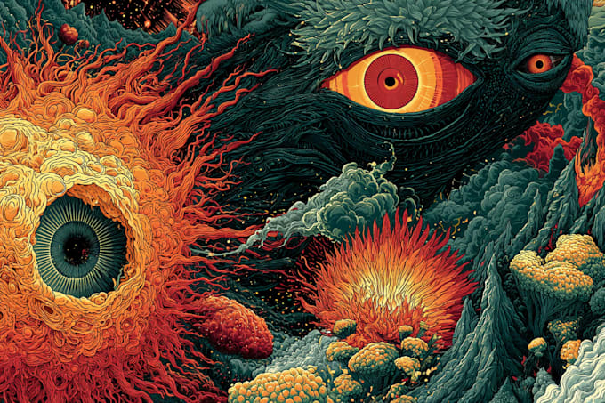 create psychedelic illustration, trippy art for album design