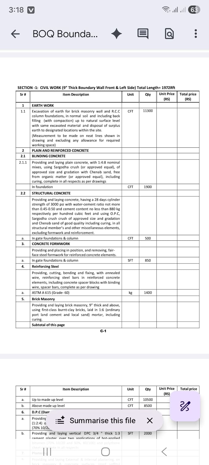 construction quantity takeoff ,boq,cost estimation