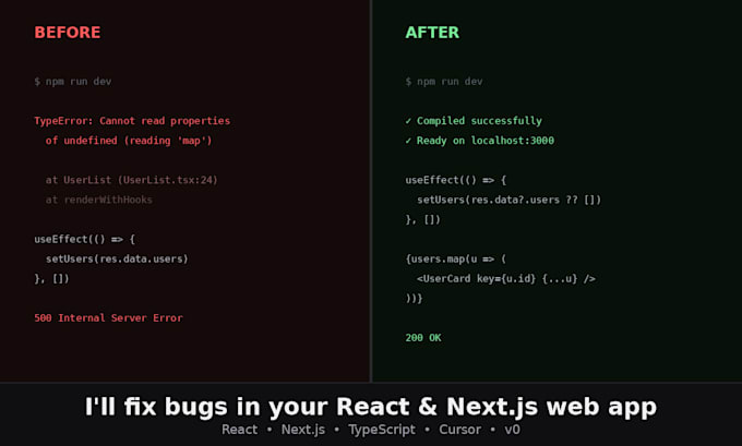 fix react, next js, cursor and v0 app bugs